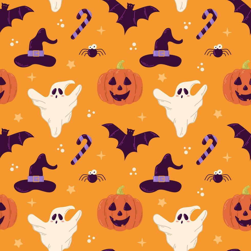 Halloween vector seamless pattern design with ghost, pumpkin and bat