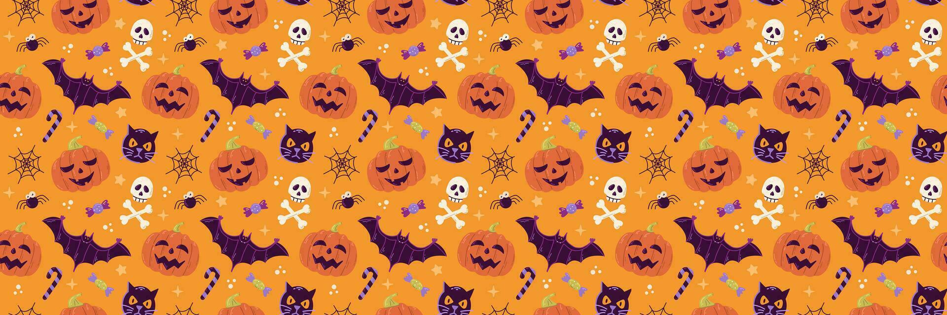 Halloween vector seamless pattern design with pumpkin, bat, cat and skull