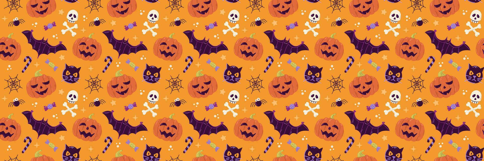 Halloween vector seamless pattern design with pumpkin, bat, cat and skull