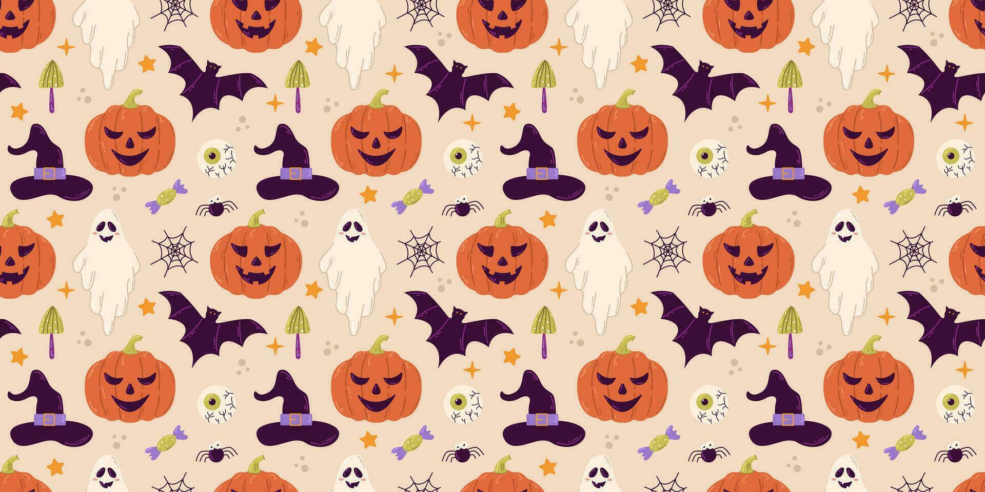Halloween vector seamless pattern design with pumpkin, bat, spider and ghost