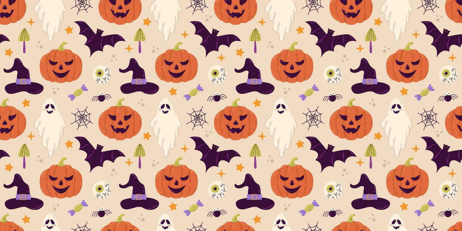 Halloween vector seamless pattern design with pumpkin, bat, spider and ghost