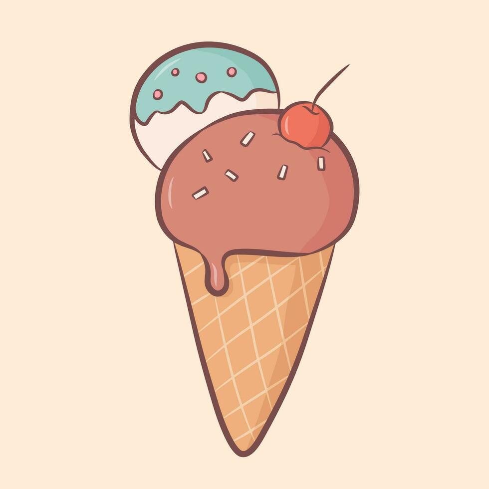 Ice cream waffle cone with cherry in doodle style. Vector illustration of cold sweet dessert in cartoon style