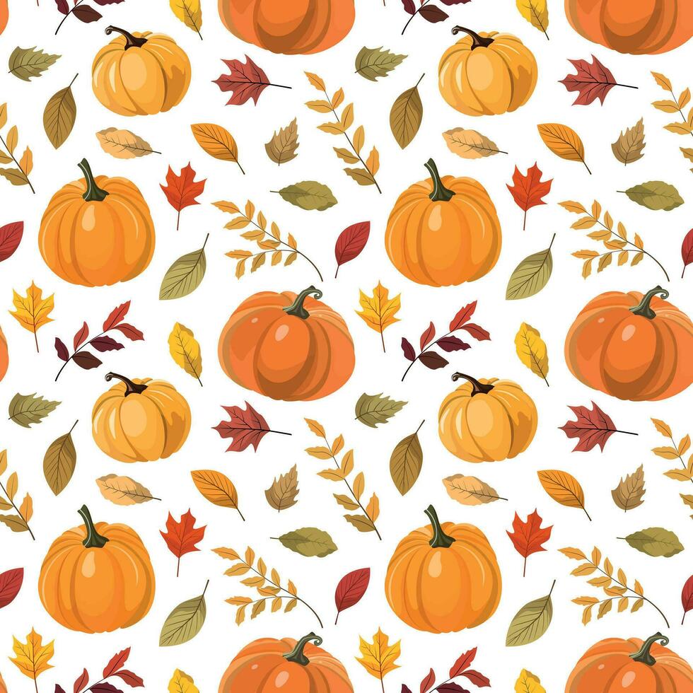 Fall harvest seamless pattern with orange pumpkins and forest leaves. Isolated on white background. Design for wallpapers, digital paper. vector