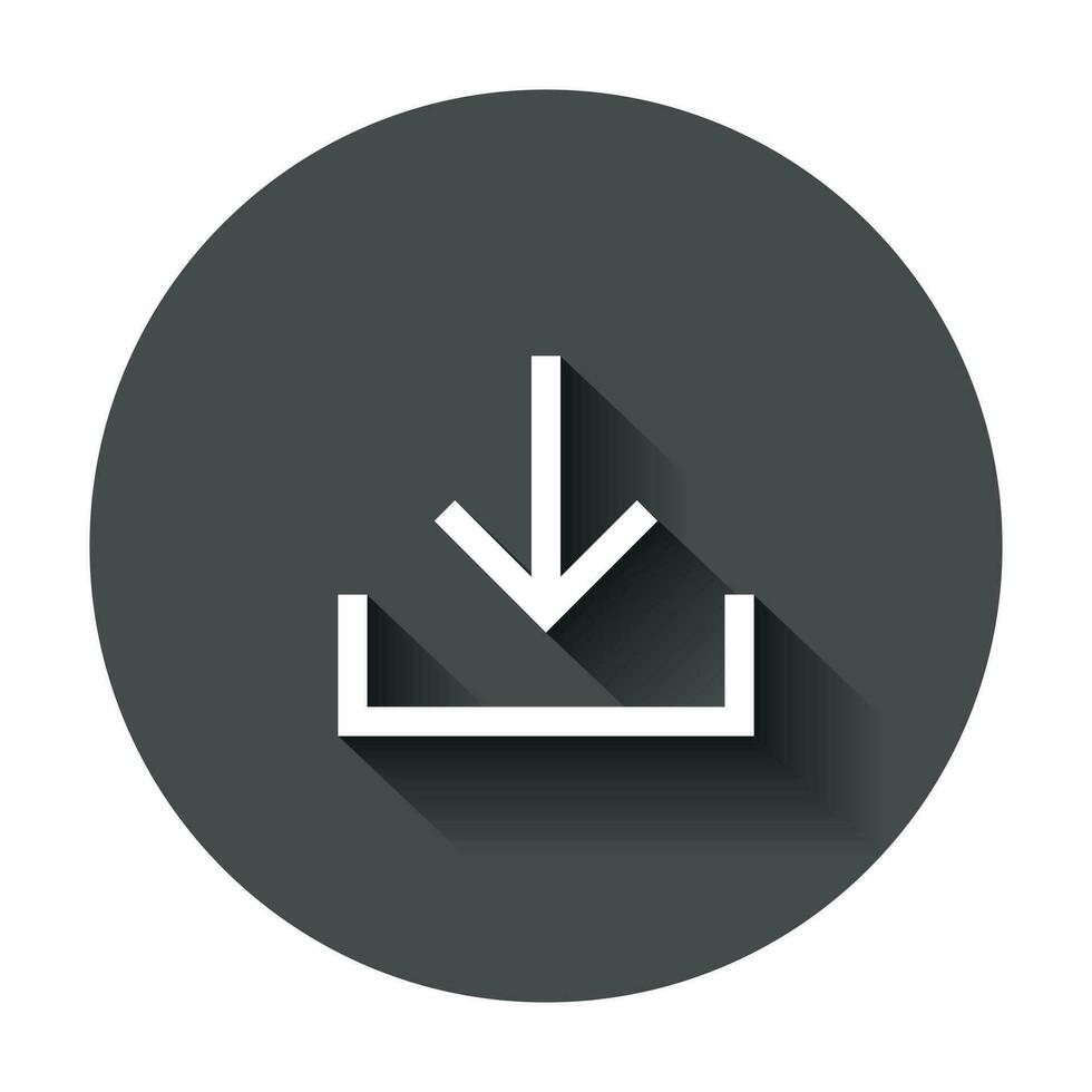 Download file icon in flat style. Arrow down downloading vector illustration with long shadow. Download business concept.