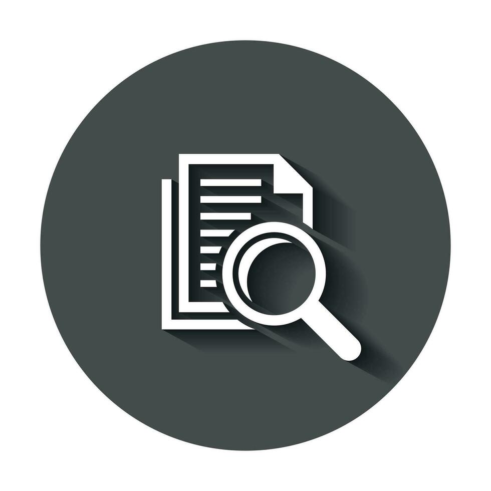 Scrutiny document plan icon in flat style. Review statement vector illustration with long shadow. Document with magnifier loupe business concept.