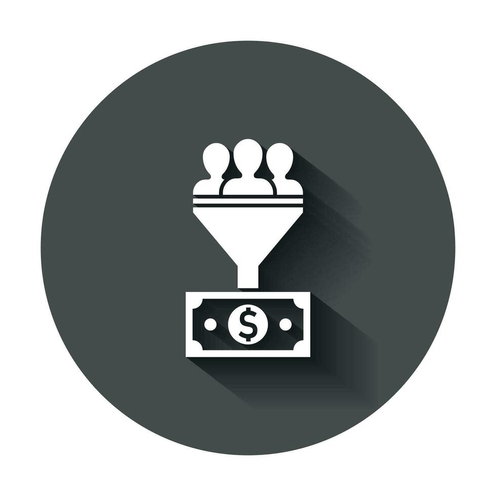 Lead management icon in flat style. Funnel with people, money vector illustration with long shadow. Target client business concept.