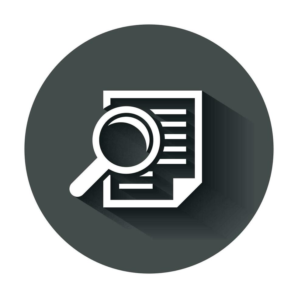 Scrutiny document plan icon in flat style. Review statement vector illustration with long shadow. Document with magnifier loupe business concept.