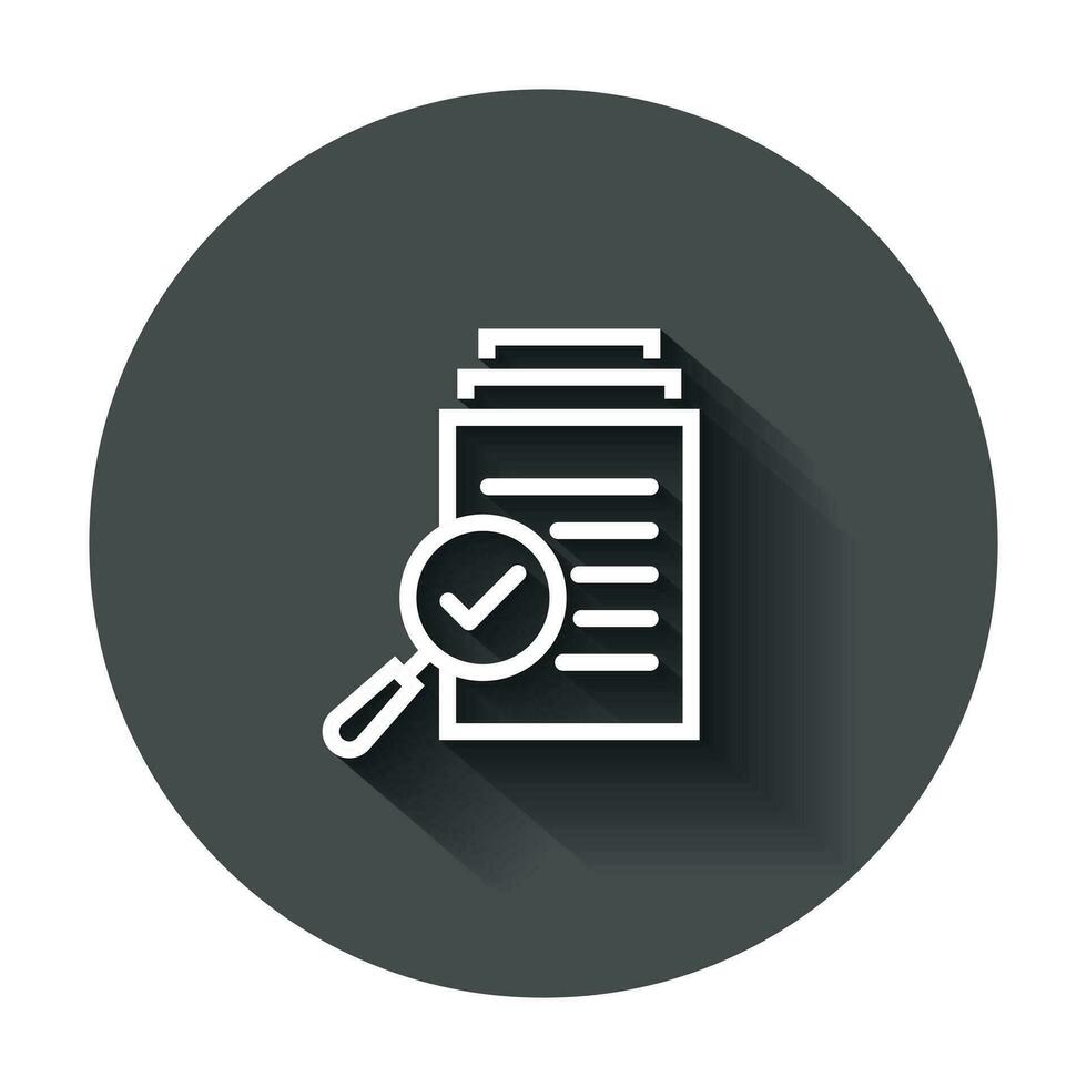 Scrutiny document plan icon in flat style. Review statement vector illustration with long shadow. Document with magnifier loupe business concept.