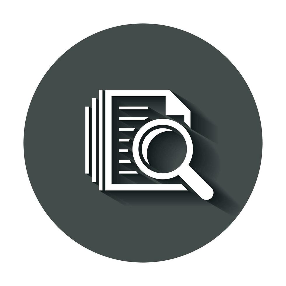 Scrutiny document plan icon in flat style. Review statement vector illustration with long shadow. Document with magnifier loupe business concept.