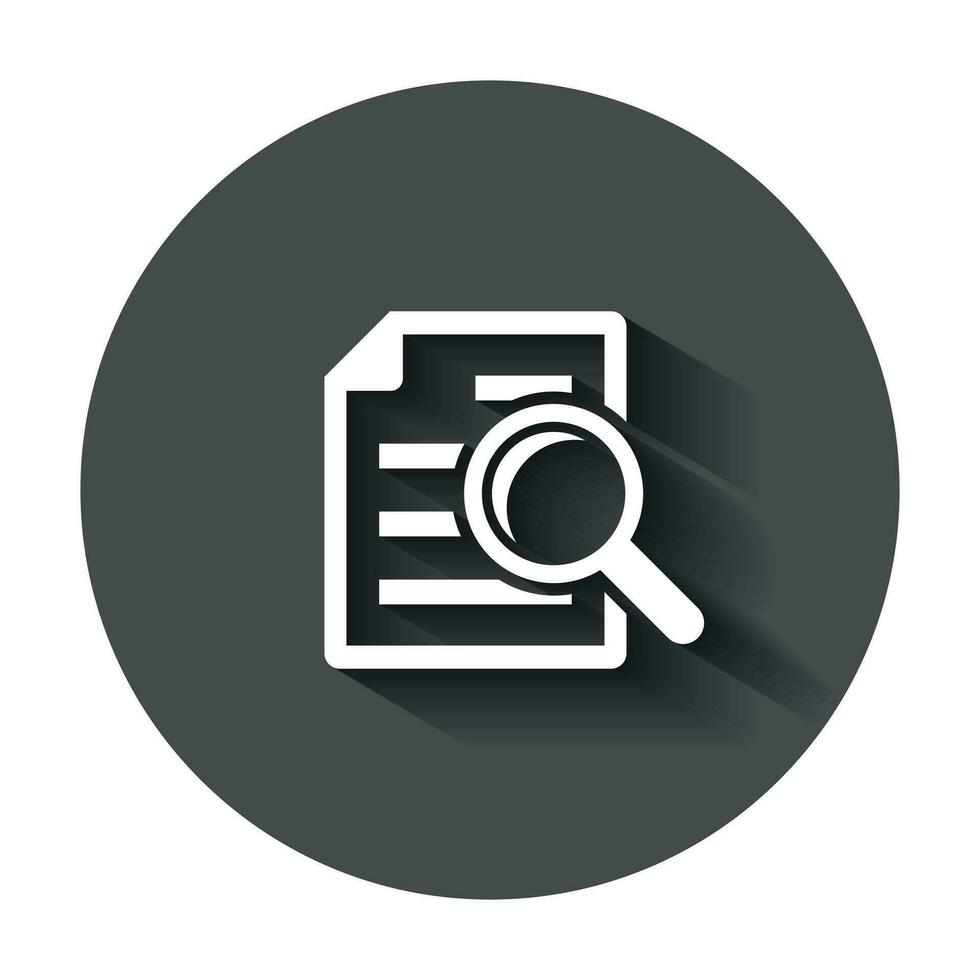 Scrutiny document plan icon in flat style. Review statement vector illustration with long shadow. Document with magnifier loupe business concept.