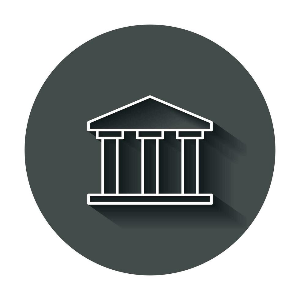 Bank building icon in flat style. Government architecture vector illustration with long shadow. Museum exterior business concept.