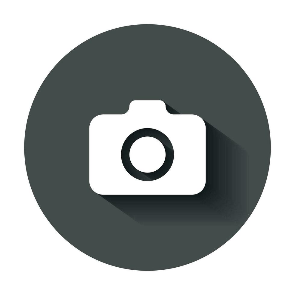 Photo camera icon in flat style. Photographer cam equipment vector illustration with long shadow. Camera business concept.