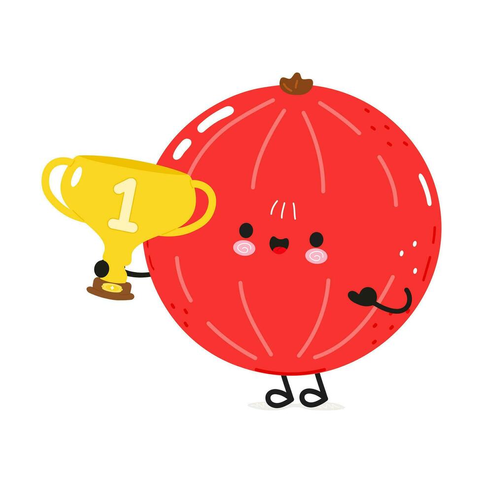 Red Ribes hold gold trophy cup. Vector hand drawn cartoon kawaii character illustration icon. Isolated on white background. Red Ribes with winner trophy cup