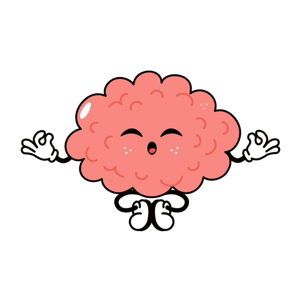 Brain doing yoga character. Vector hand drawn traditional cartoon vintage, retro, kawaii character illustration icon. Isolated on white background. Brain relax character