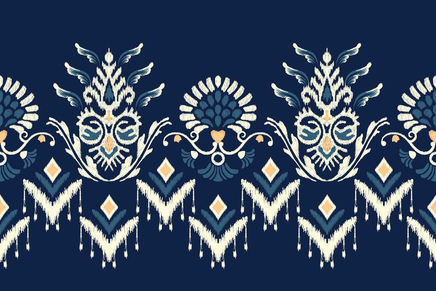 Ikat floral paisley embroidery on navy blue background.Ikat ethnic oriental pattern traditional.Aztec style abstract vector illustration.design for texture,fabric,clothing,wrapping,decoration,sarong.