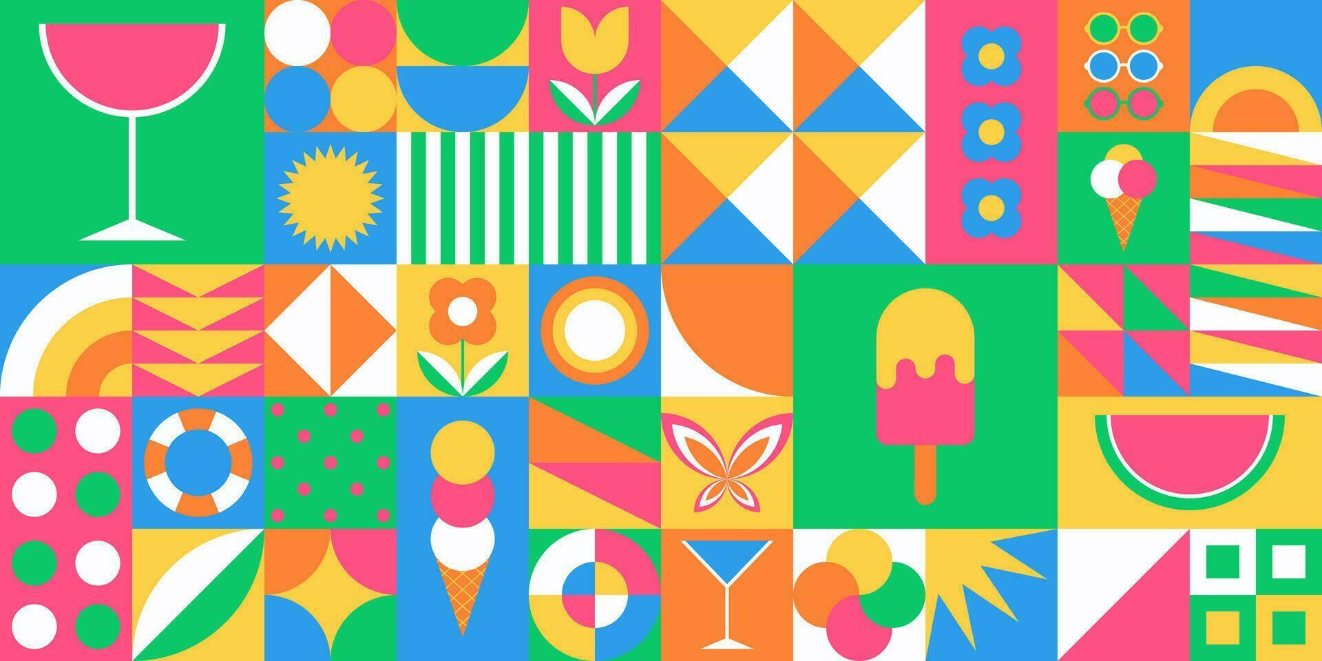 Summer geometric background. Seamless pattern with colorful simple shapes. vector