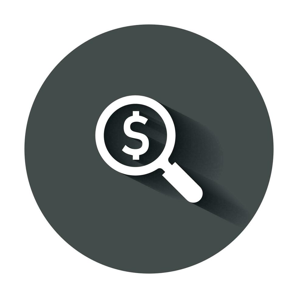 Magnify glass with dollar sign icon in flat style. Loupe, money vector illustration with long shadow. Search bill business concept.