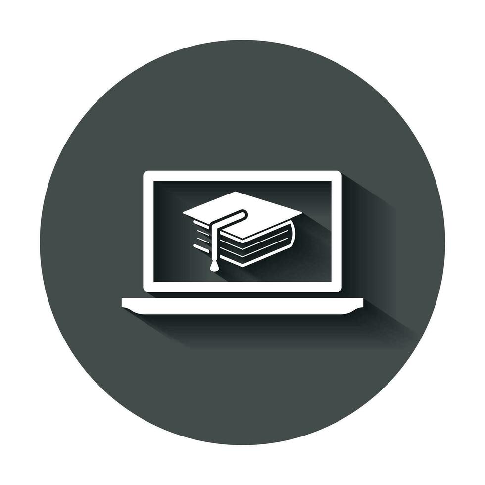 elearning educación icono en plano estilo. estudiar vector ilustración con largo sombra. ordenador portátil computadora en línea formación negocio concepto.