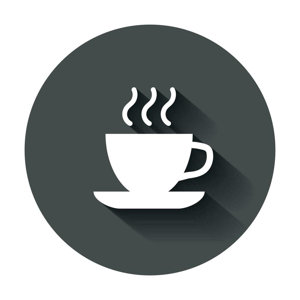 Coffee, tea cup icon in flat style. Coffee mug vector illustration with long shadow. Drink business concept.