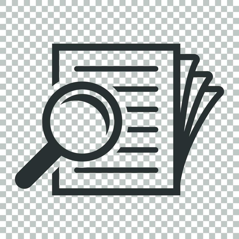 Scrutiny document plan icon in flat style. Review statement vector illustration on isolated background. Document with magnifier loupe business concept.