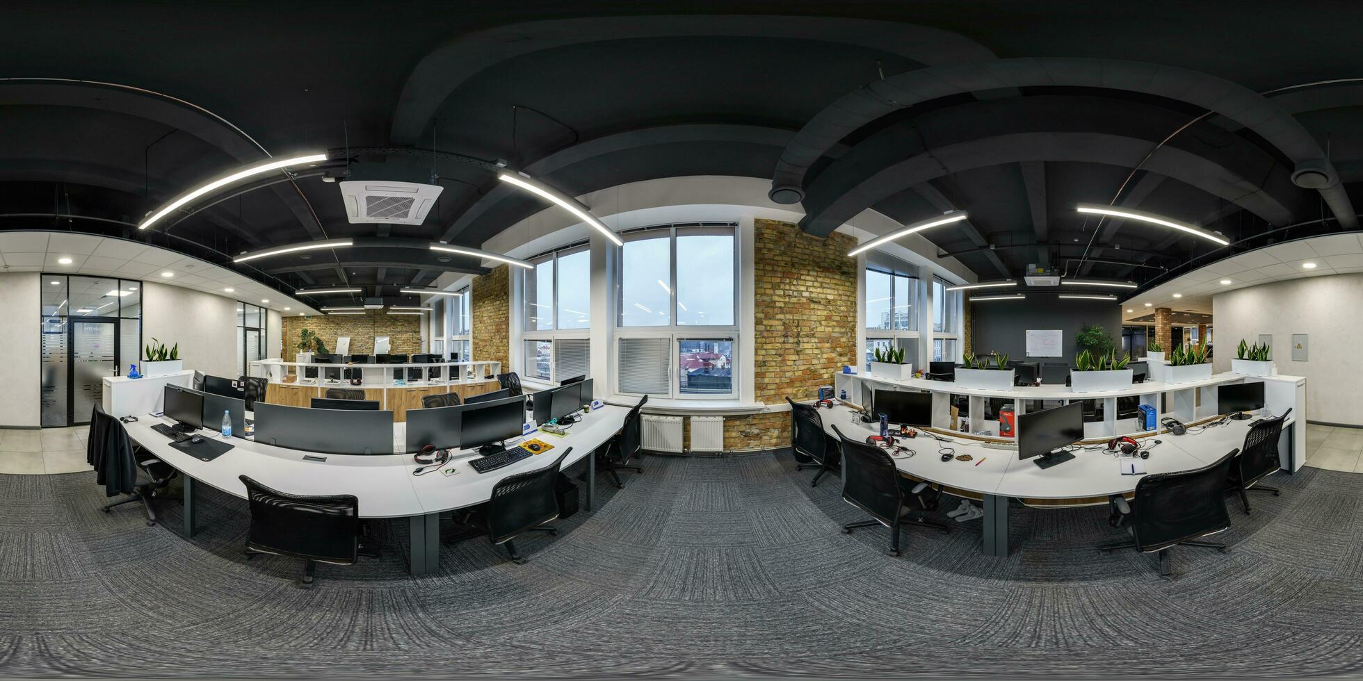 full seamless spherical hdri 360 panorama in interior work room in modern coworking office in equirectangular projection. VR content photo