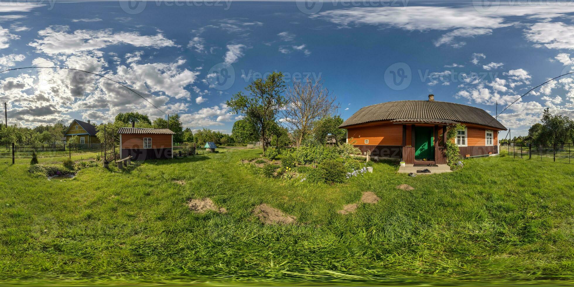 360 hdri panorama view in yard near wooden eco house in village in equirectangular spherical projection. for VR AR content photo