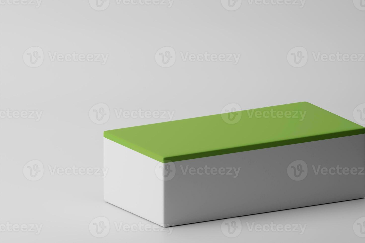 3D rendering white rectangular shaped product display podium with green layered surface on empty background. Product display mockup photo