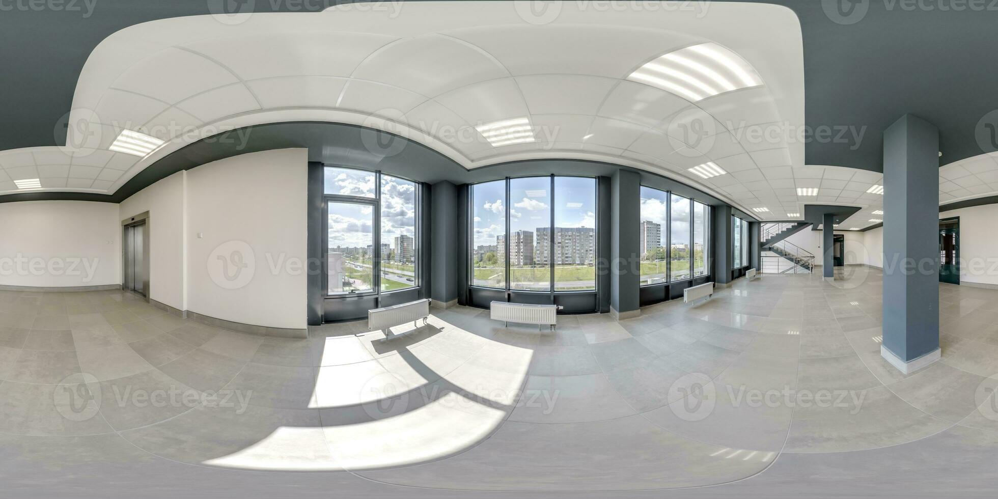full seamless spherical hdri 360 panorama view in empty modern hall with columns, doors and panoramic windows in equirectangular projection, ready for AR VR content photo
