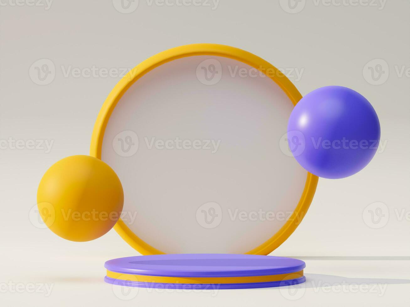 3D rendering minimal orange purple round pedestal or podium for product showcase display with big panel and floating balls on empty white background. 3D mockup illustration photo