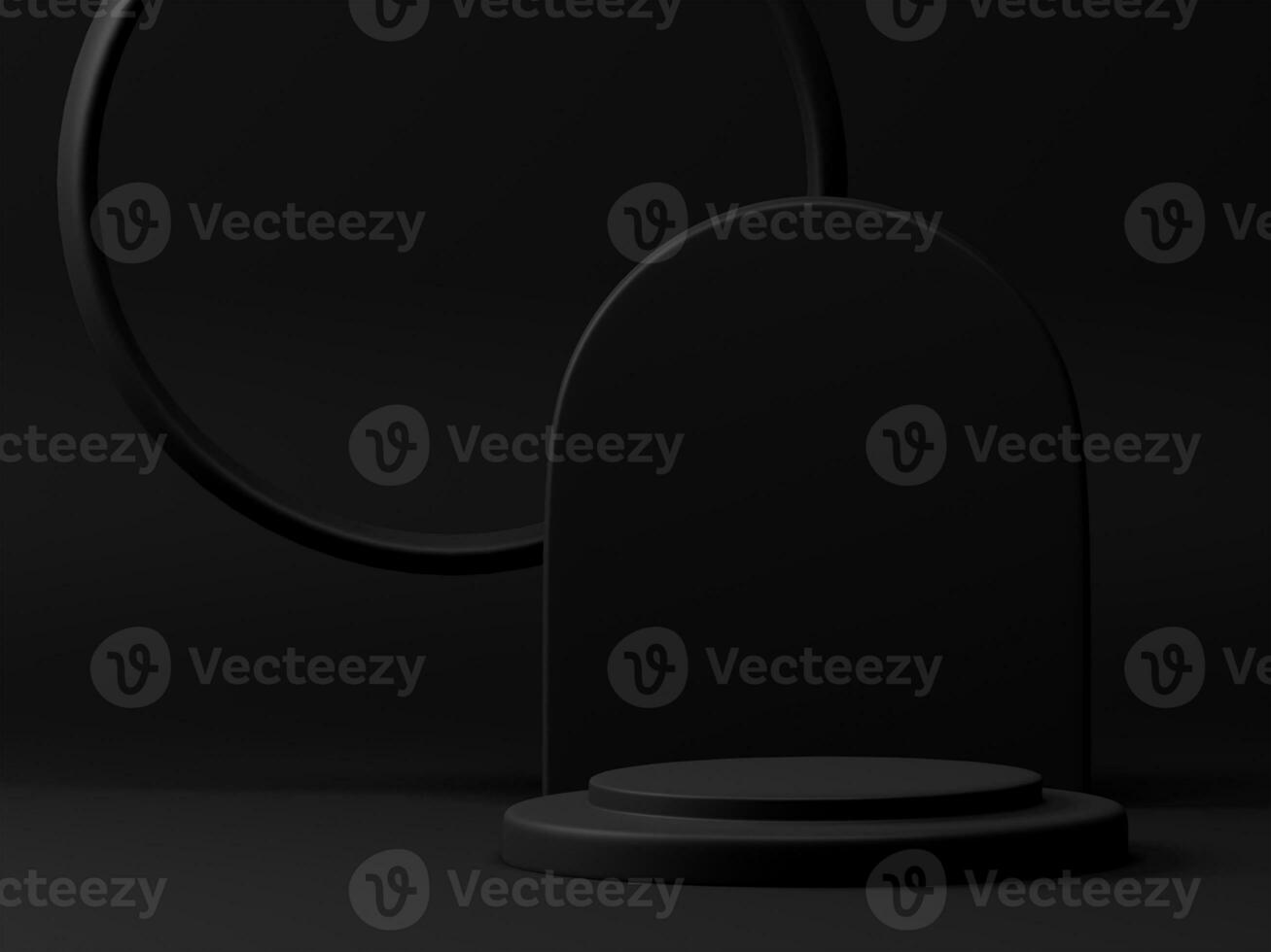 3D rendering minimal  black theme product display pedestal podium with circle wall panel on empty background. 3D showcase mockup photo