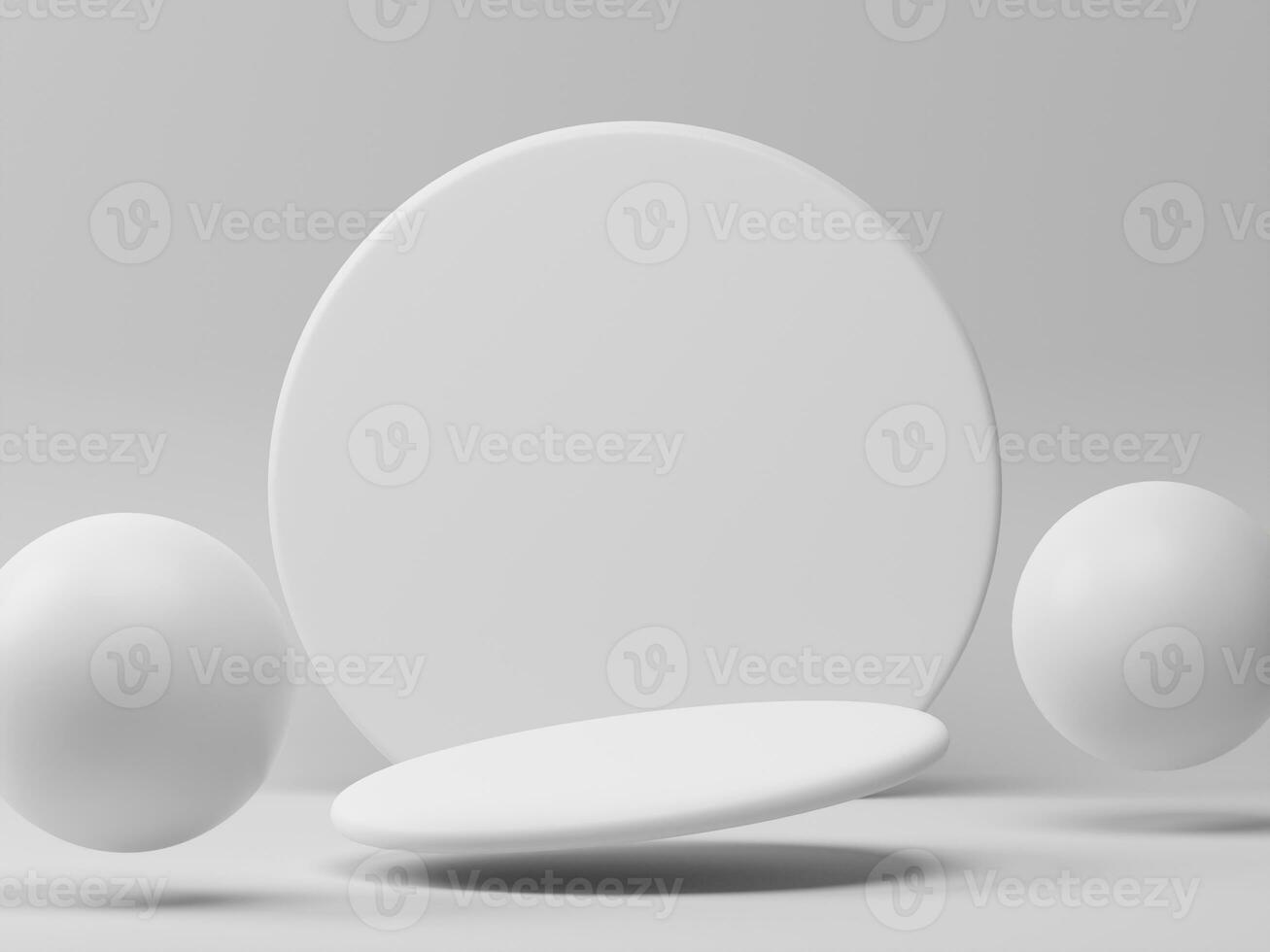 3D rendering minimal white round product podium showcase display on empty background. Floating balls and big circle panel backdrop mockup illustration photo