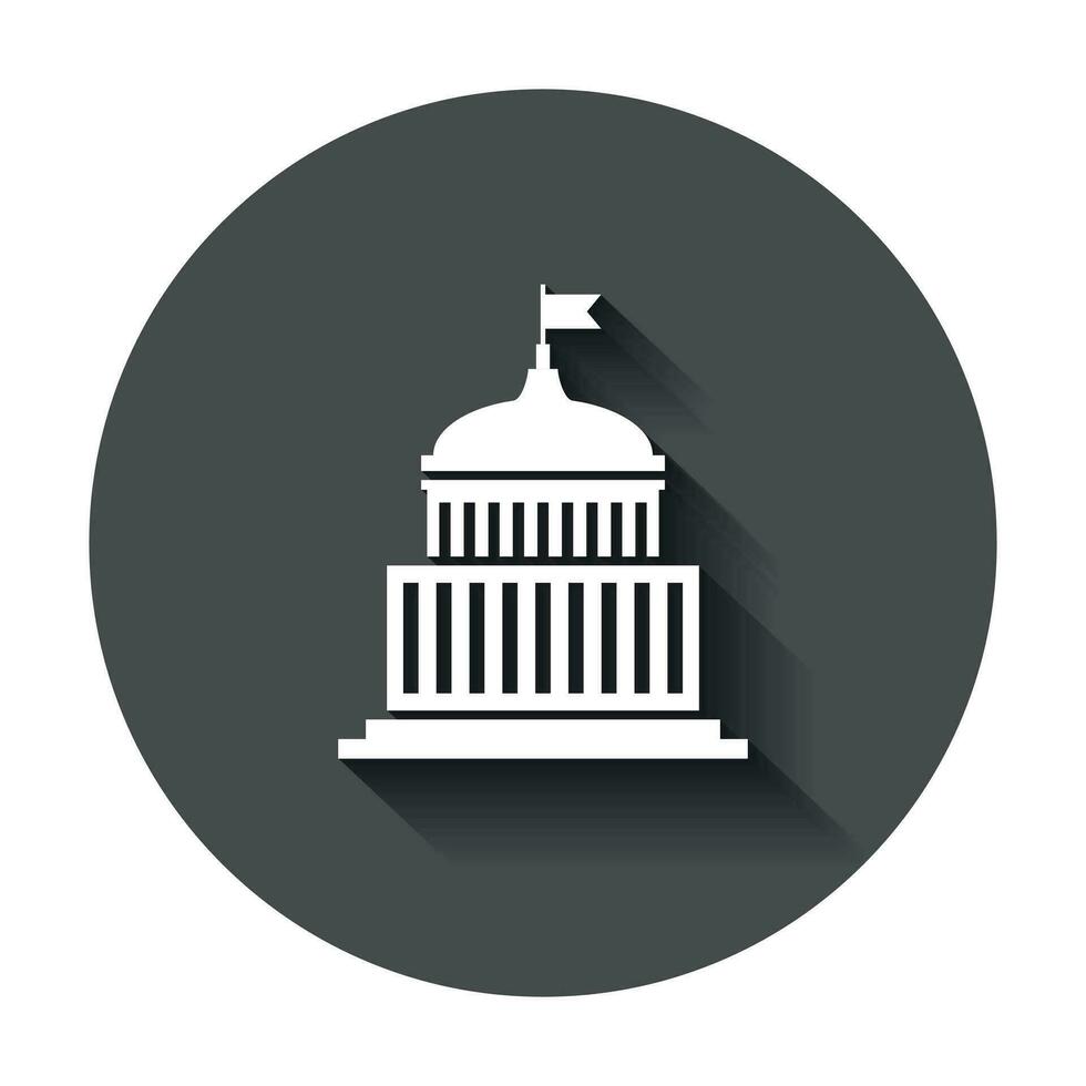 Bank building icon in flat style. Government architecture vector illustration with long shadow. Museum exterior business concept.