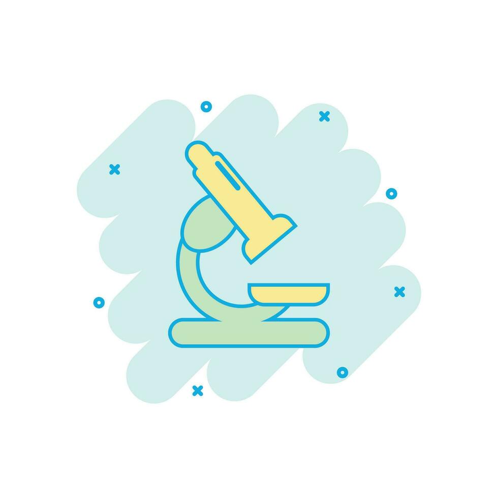 Vector cartoon microscope lab icon in comic style. Microscope sign illustration pictogram. Chemistry discovery business splash effect concept.