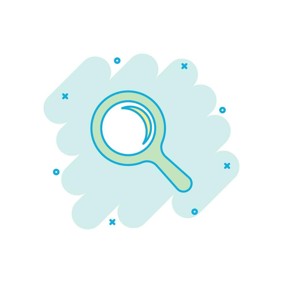 Vector cartoon magnifying glass icon in comic style. Search magnifier illustration pictogram. Find search business splash effect concept.