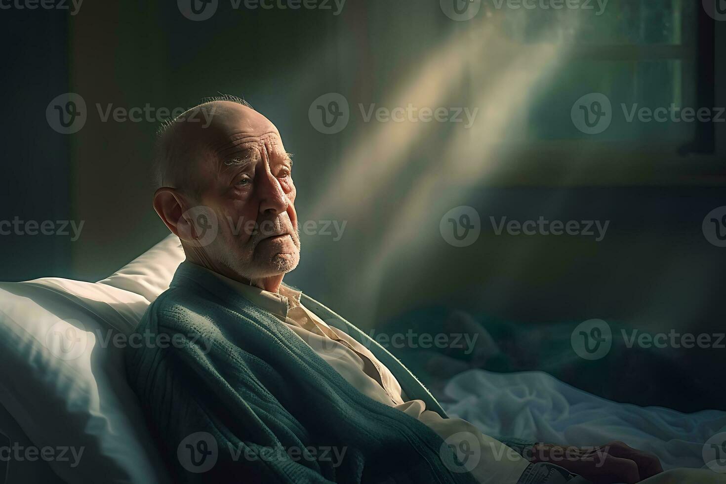 Elderly man lying in bed at night ai generated photo