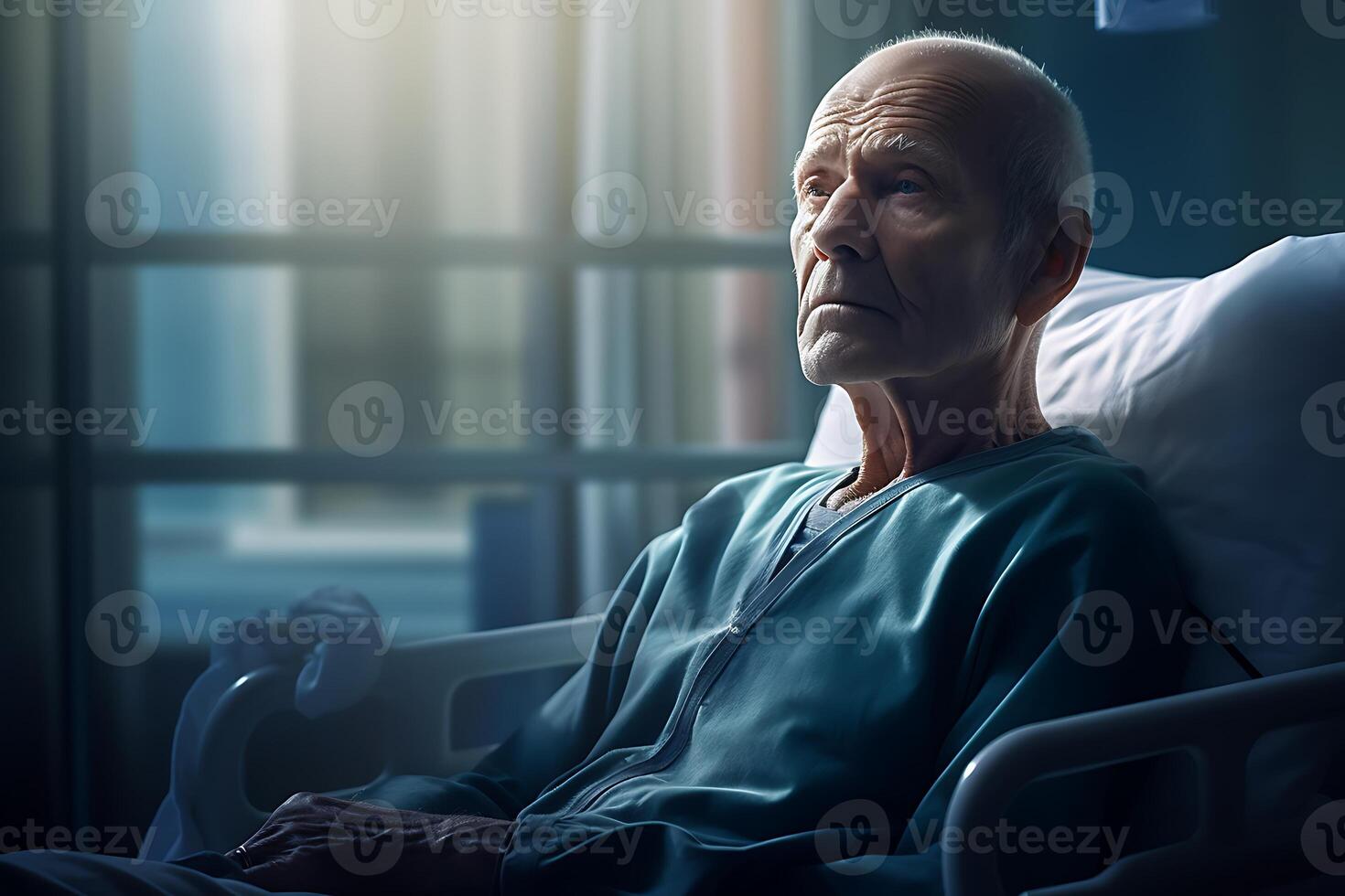 Elderly man sitting in hospital bed ai generated photo