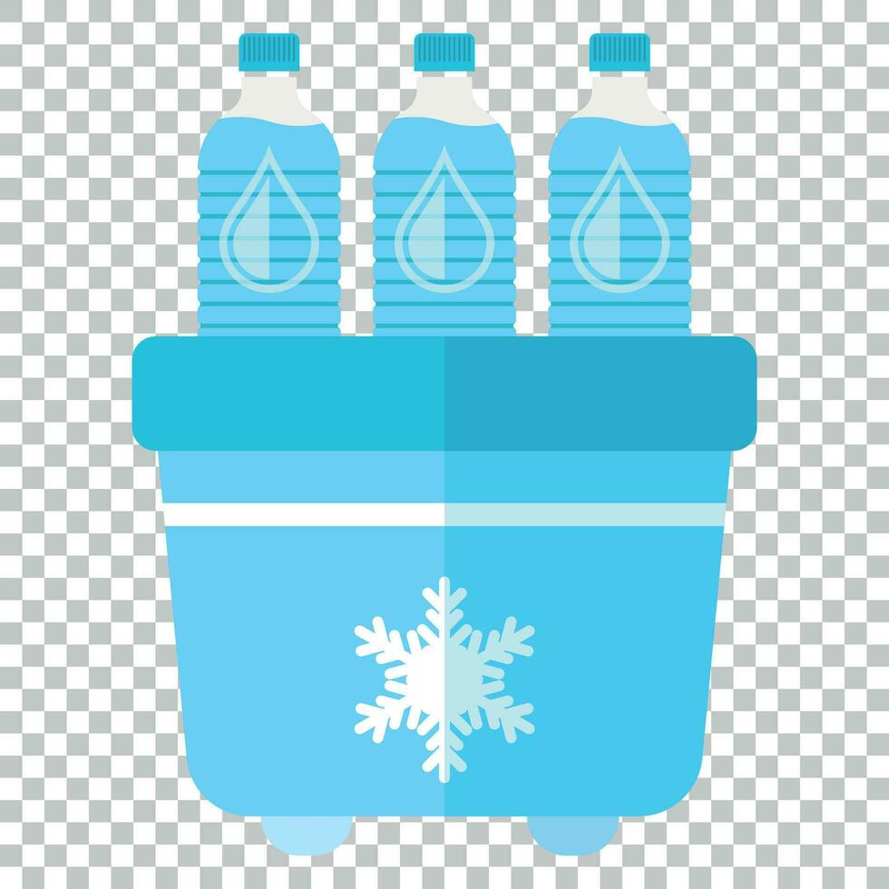 Portable fridge refrigerator with water bottle icon in flat style. Freezer bag container vector illustration on isolated background. Fridge and soda drink business concept.