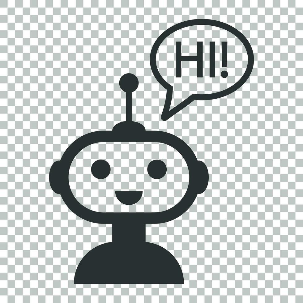 Cute robot chatbot icon in flat style. Bot operator vector illustration on isolated background. Smart chatbot character business concept.