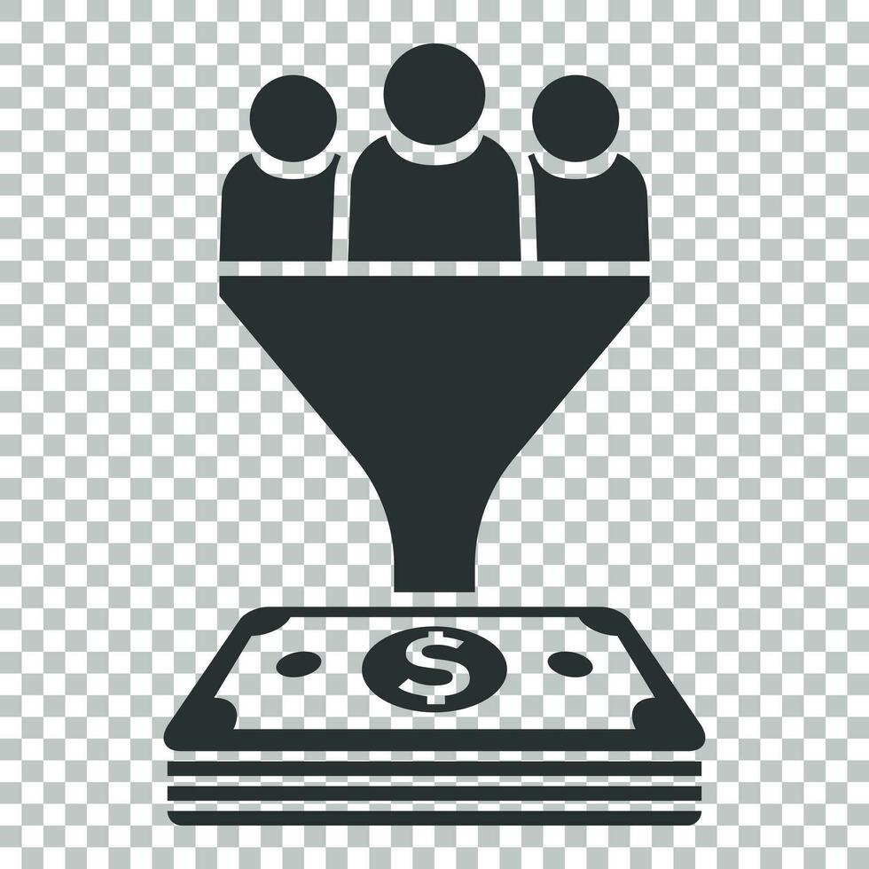 Lead management icon in flat style. Funnel with people, money vector illustration on isolated background. Target client business concept.