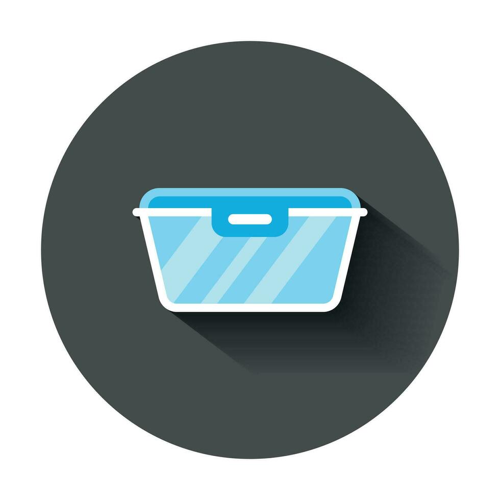 Food container icon in flat style. Kitchen bowl vector illustration with long shadow. Plastic container box business concept.