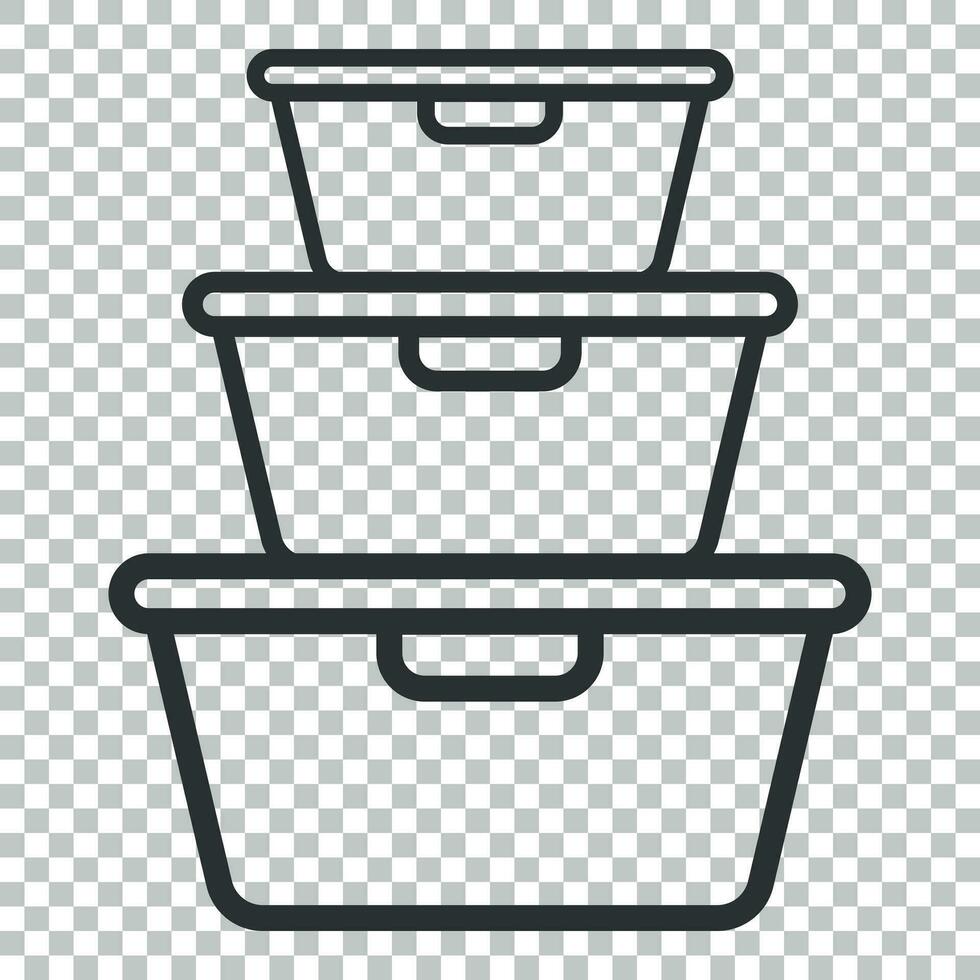 Food container icon in flat style. Kitchen bowl vector illustration on isolated background. Plastic container box business concept.