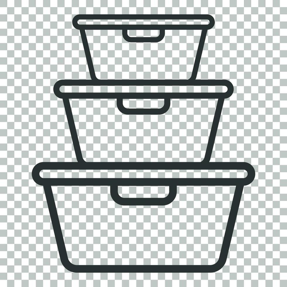 Food container icon in flat style. Kitchen bowl vector illustration on isolated background. Plastic container box business concept.