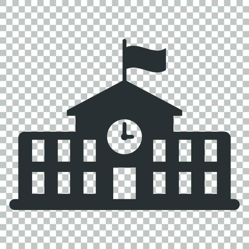 School building icon in flat style. College education vector illustration on isolated background. Bank, government business concept.