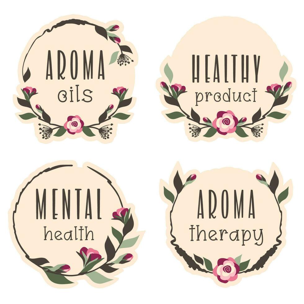 Set of elegant flower stickers with text aromatherapy, essential oils, mental heath, healthy product. Floral label template. Vector illustration for homeopathy, spa, beauty concept, advertising
