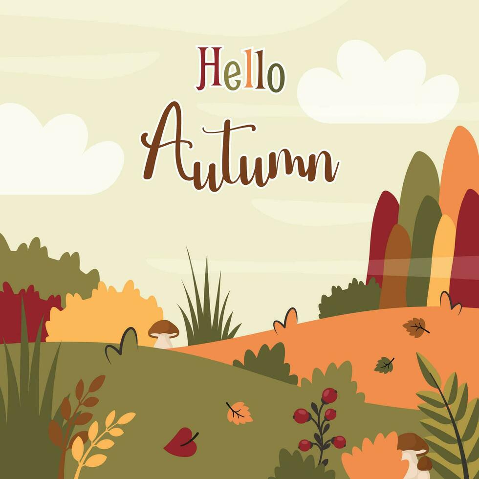 Autumn background. Fall landscape with field, yellow meadow, mushrooms, berries, calligraphic text. Rural area. Nature template. Vector cartoon illustration for banner, poster, cover, greeting card