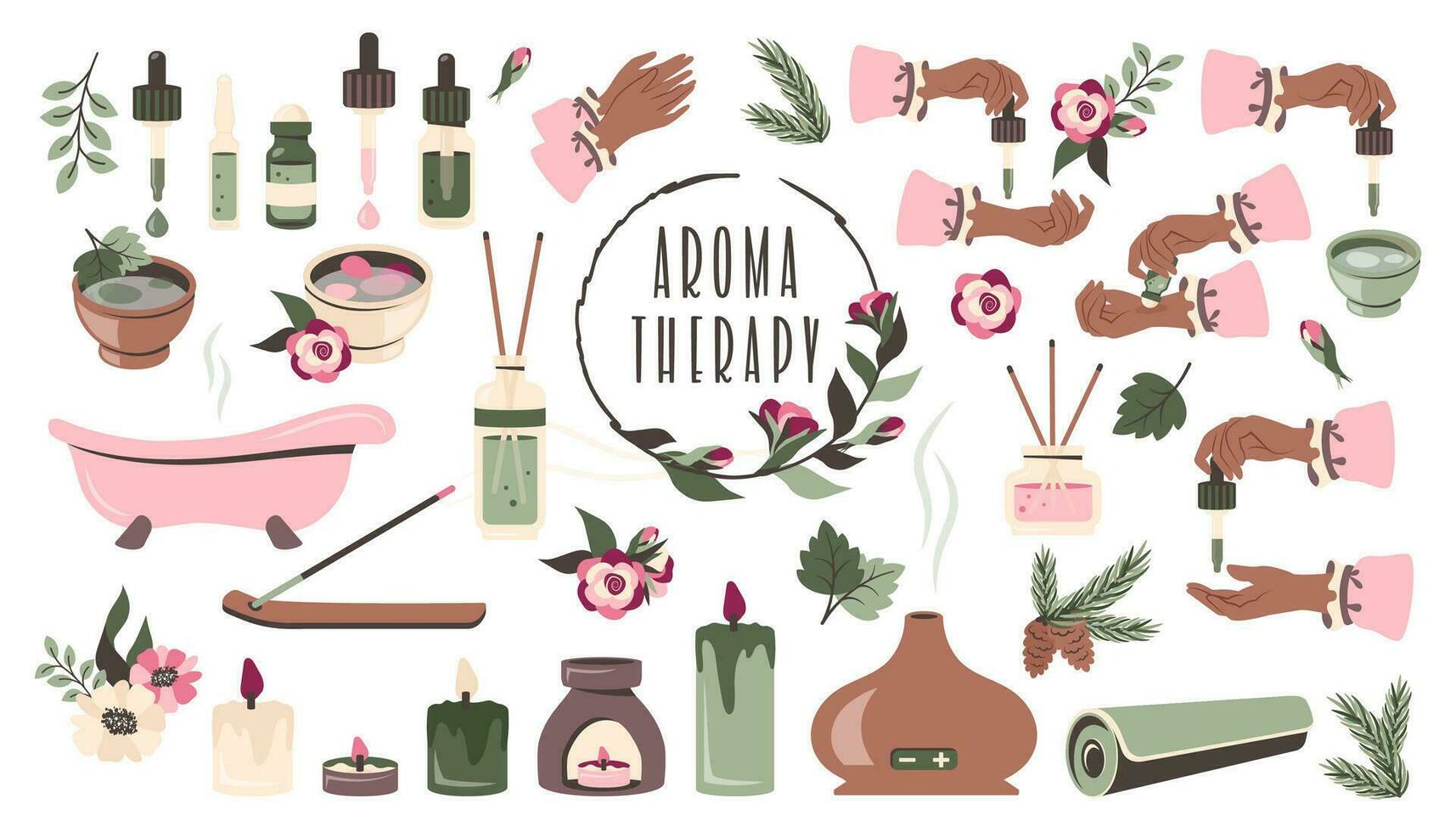 Set of  essential oils, aromatherapy. Female hands holding cosmetic bottle. Aromatherapy diffuser, lamp, pine oils, rose, flower, bath, incense sticks. Homeopathy, body care, beauty concept.  Vector
