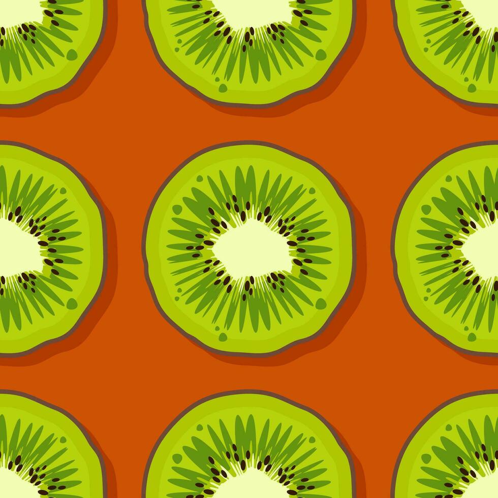 Kiwi fruit pattern. Trendy bright design exotic fruits on orange background. Fresh juicy green Hawaiian fruits close up. Vector illustration for wallpapers,textile, web, app, wrapping paper