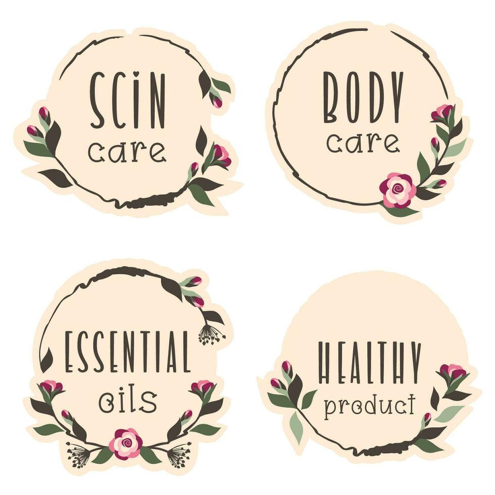 Set of trendy flower stickers with text scin care, essential oils, body care, healthy product. Floral label template. Vector illustration for homeopathy, spa, beauty concept, advertising, packaging,