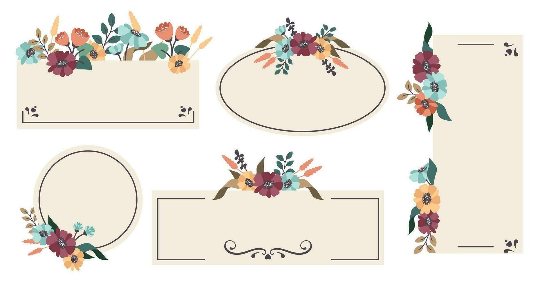 Set of floral vintage frames. Hand draw Templates of frame border with Autumn flowers, blooming wildflowers wreath. Vector flat illustration for invitation, announcements, cards, advertising, sale