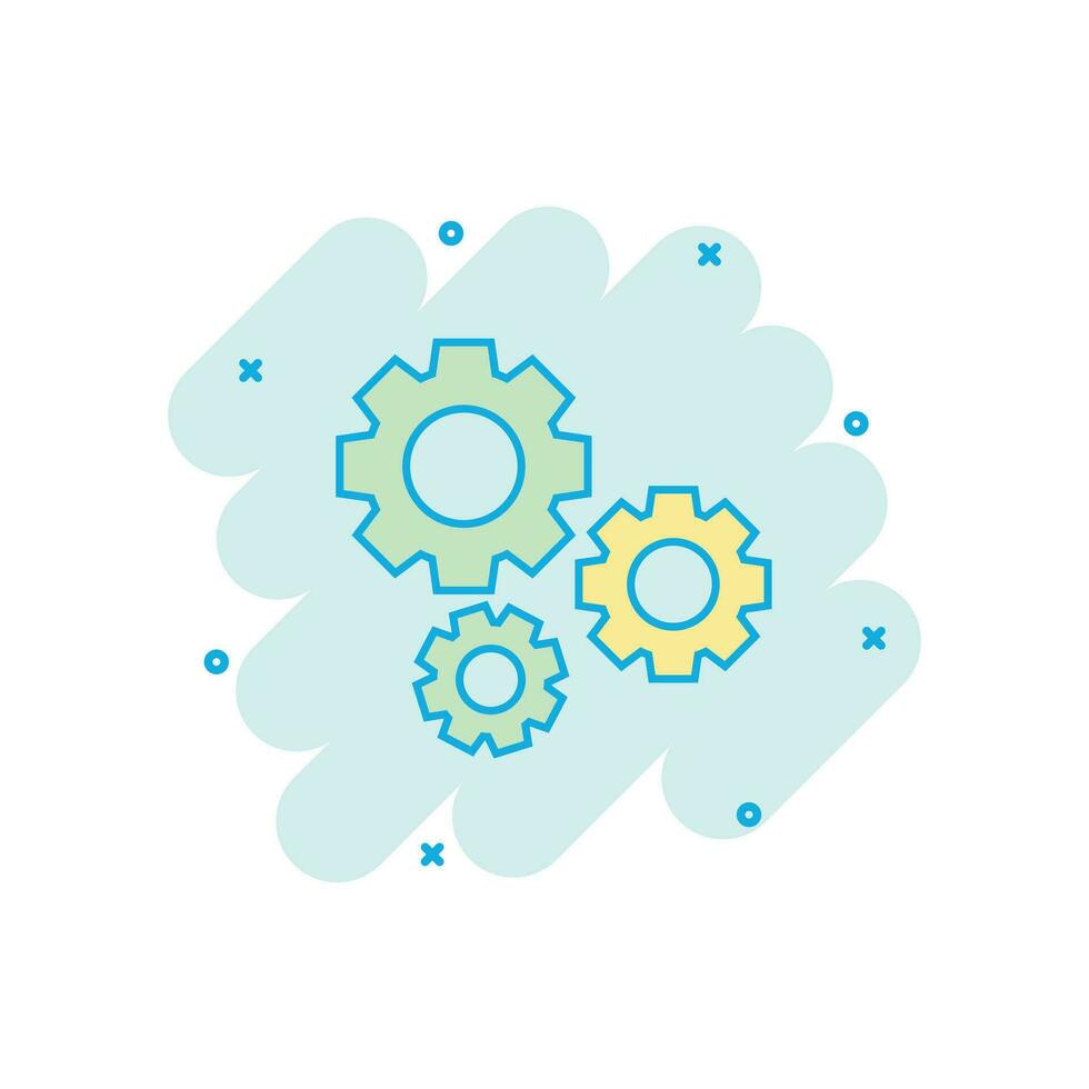 Vector cartoon gear icon in comic style. Cog wheel concept illustration pictogram. Gearwheel cogwheel business splash effect concept.